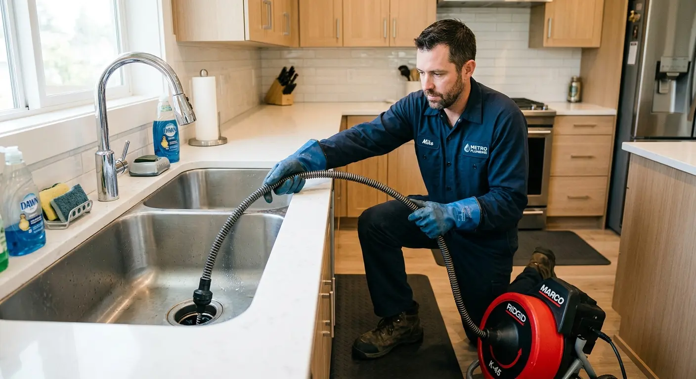 Drain cleaning technician using a motorized snake on a kitchen sink in Nazareth