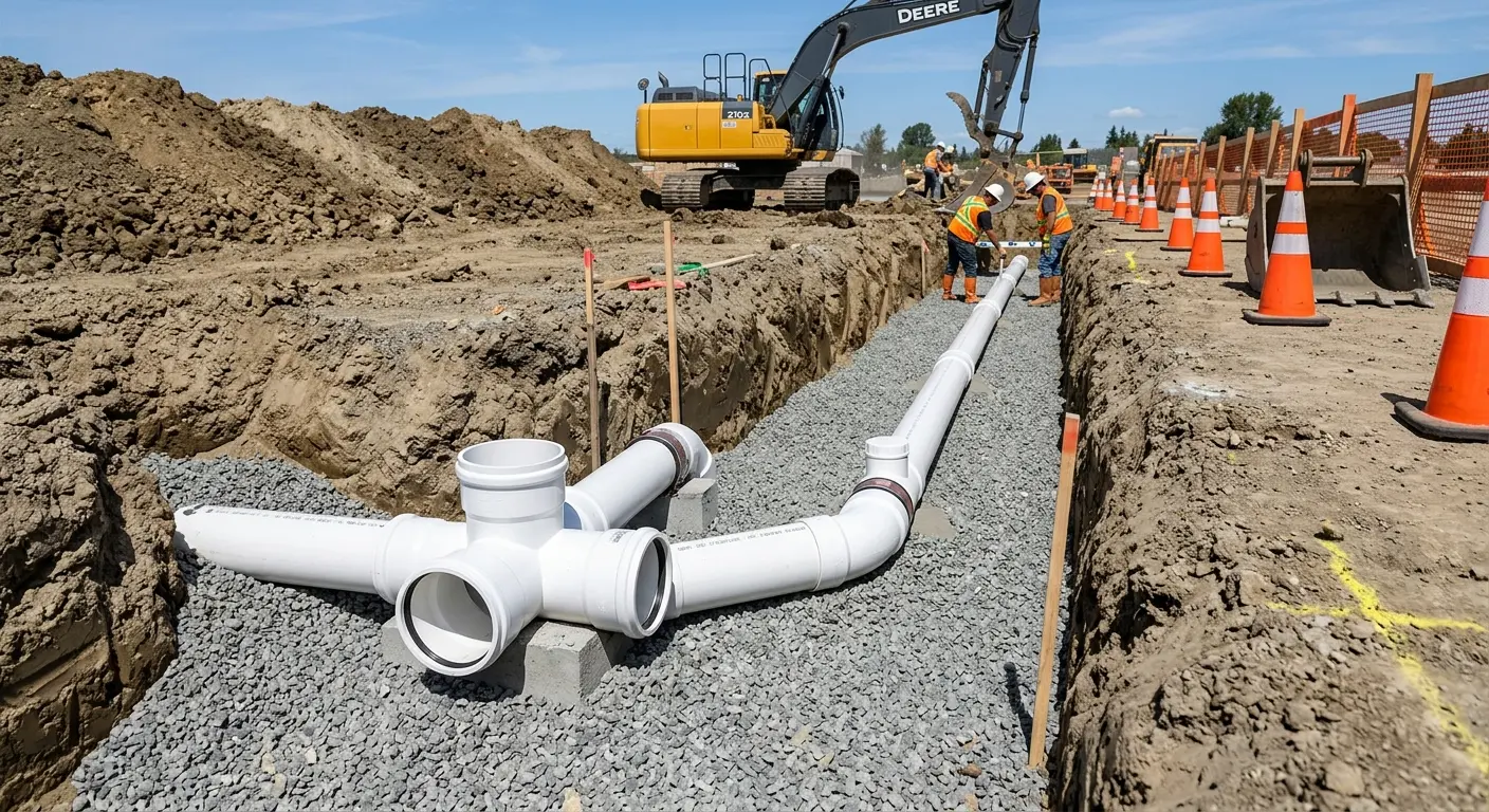 New PVC sewer pipe installation in open trench for Commercial Drain Cleaning in Nazareth