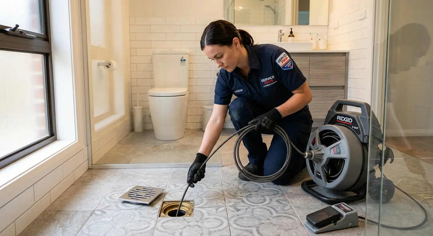 Technician clearing a bathroom floor drain for Sewer Line Replacement in Nazareth